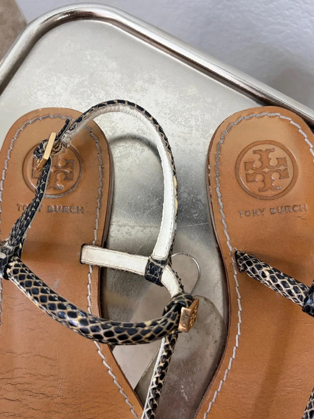 Tory Burch Tan Leather Thora Snake-Print Thong Sandals Size 7